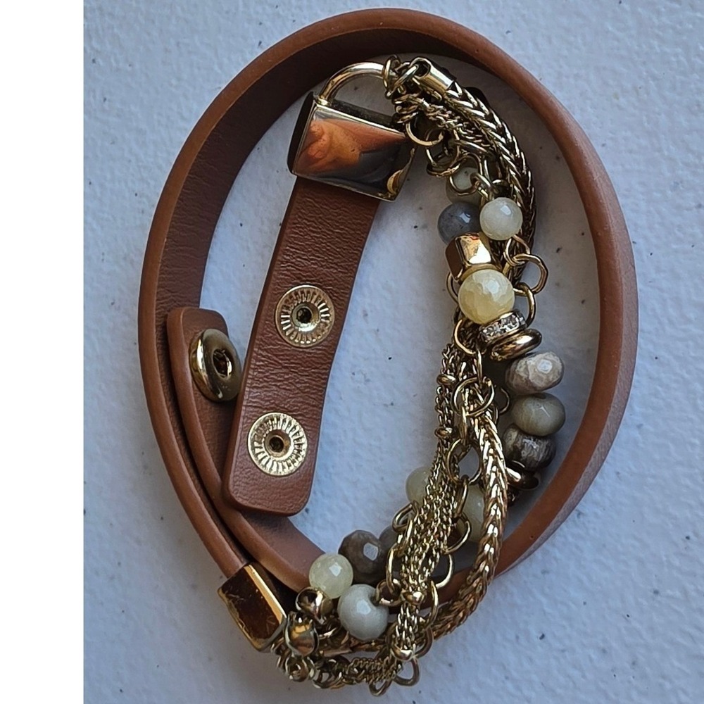 Womens Brown Faux Leather Multi-Strand Wrap Bracelet Gold Tone Chain Stone Bead